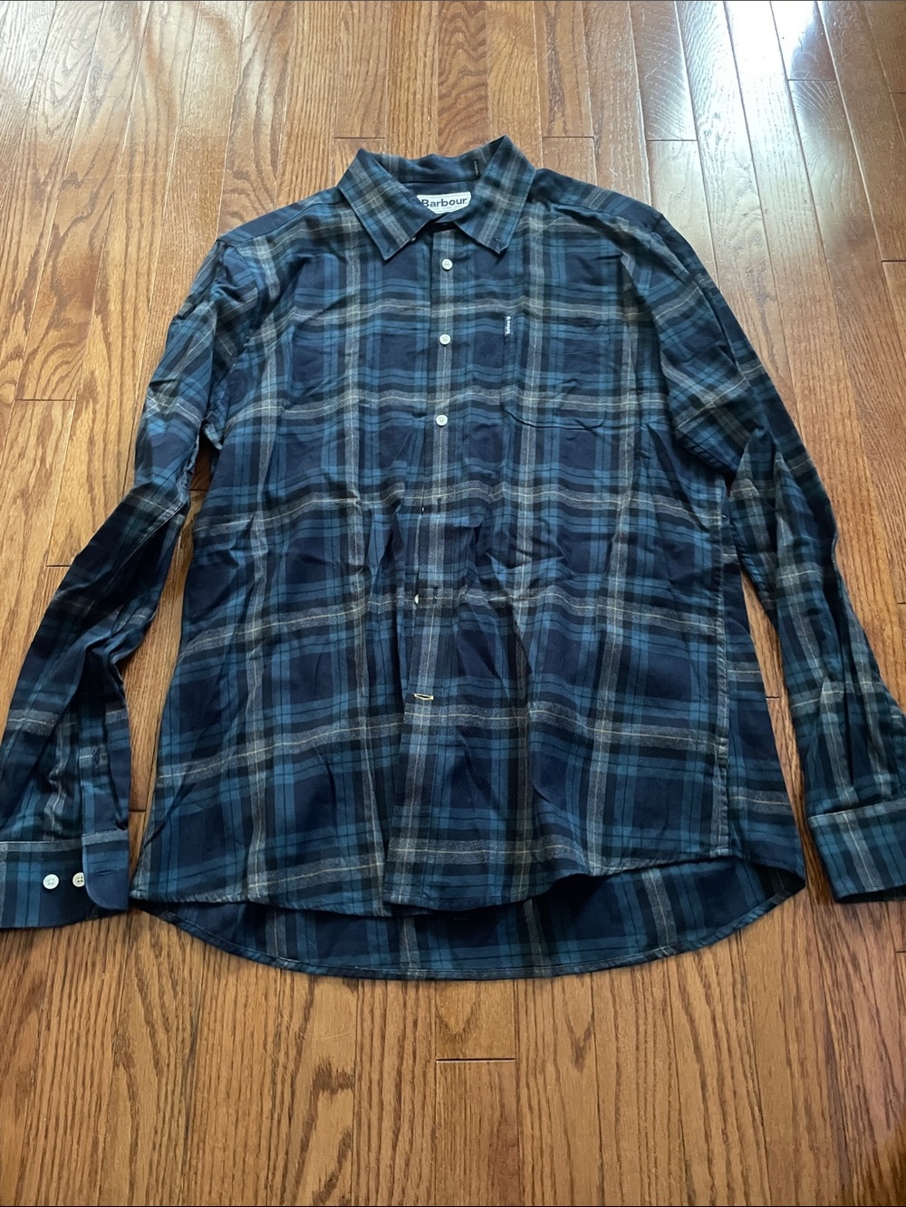 Barbour Dark Green Blue Plaid Flannel Tailored Fit Button Down Men’s Sz Large